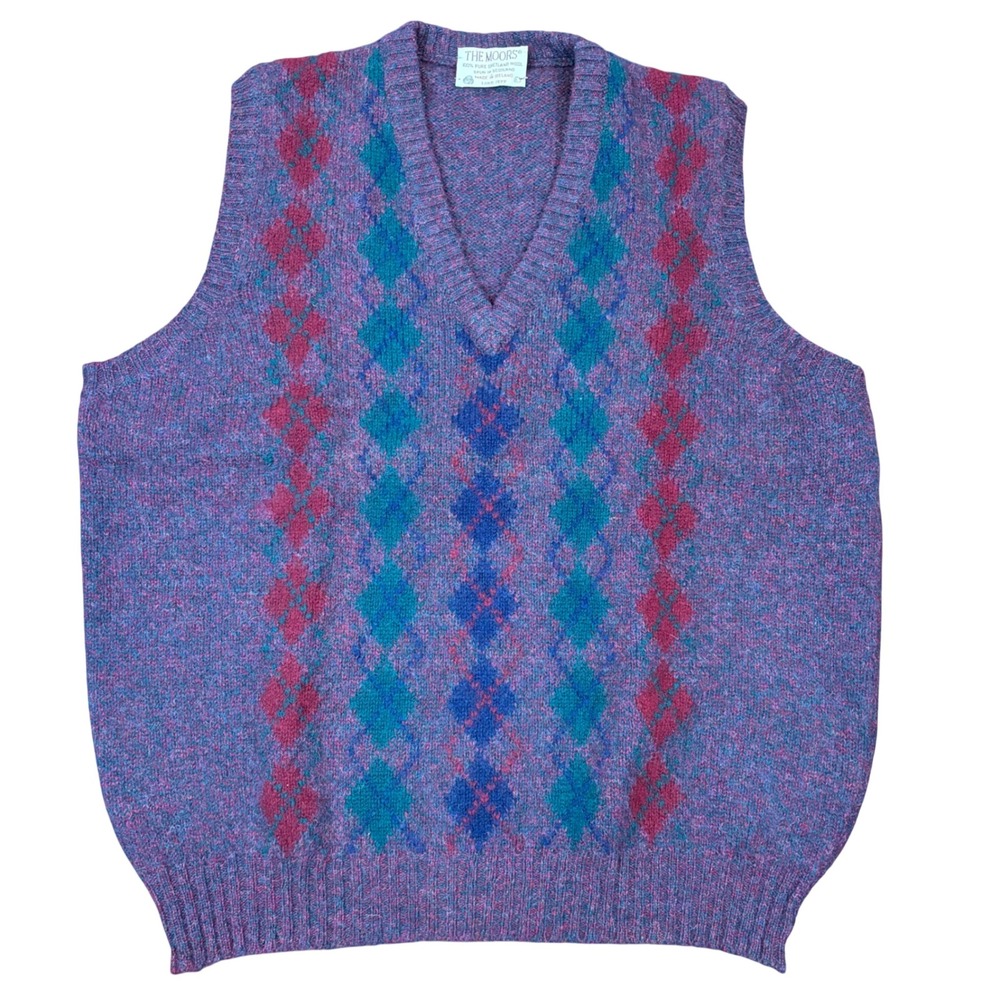 Vintage Lord Jeff The Moors Shetland Wool Argyle Sweater Vest‎ Purple Mens L